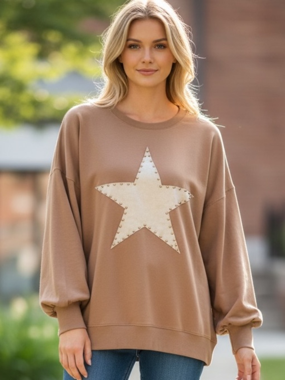 Easel Camel Jersey Top w studded suede star patch S EUC Balloon Sleeves Western